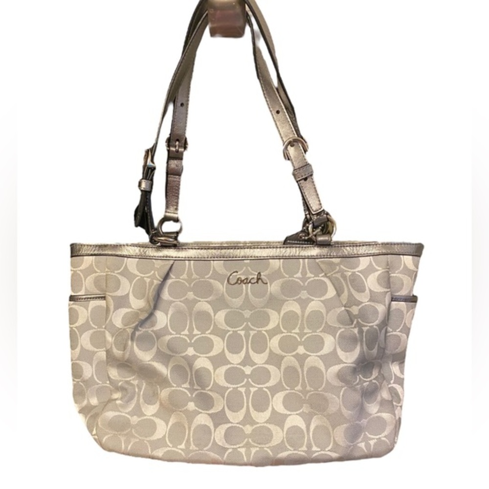 COACH handbag shoulder purse two straps gray silver logo print gorgeous bag